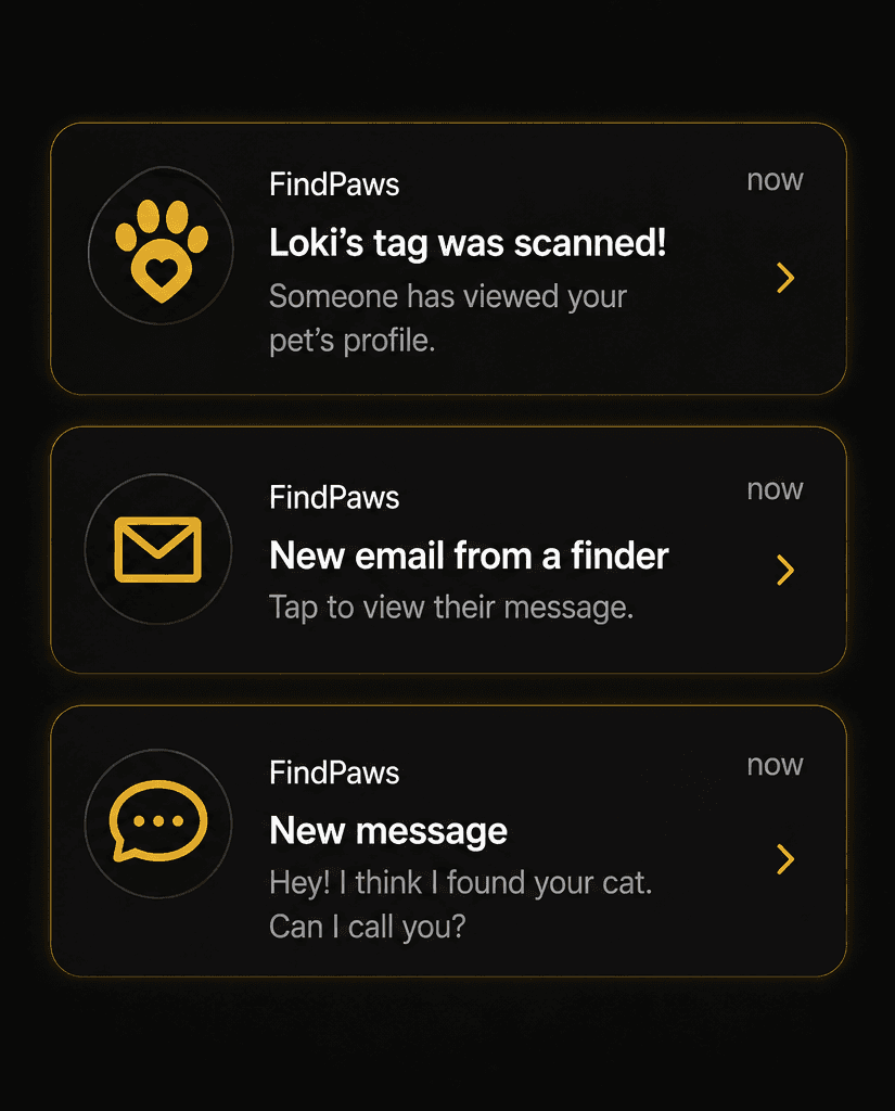 A FindPaws notification showing someone has contacted you